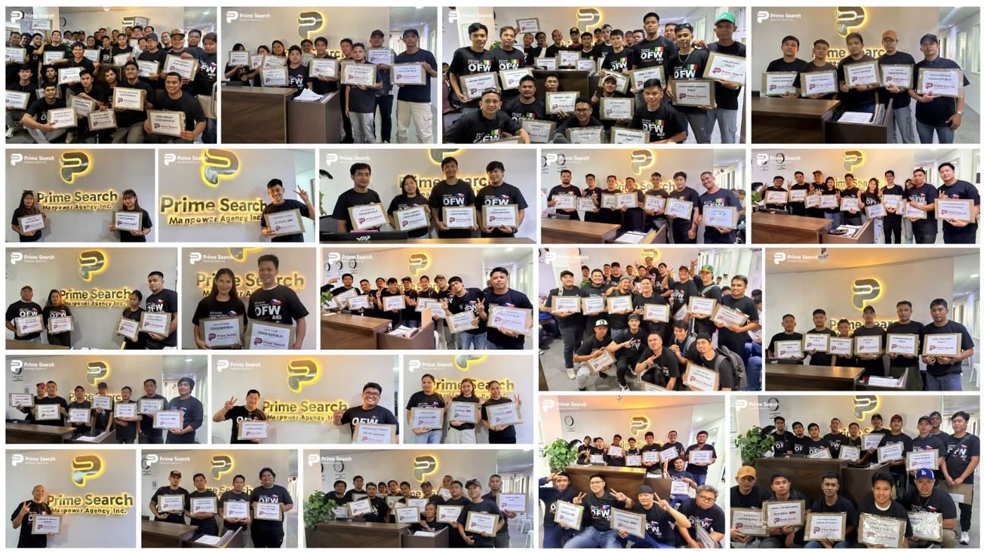 Collage of 217 Filipino workers deployed by Prime Search to Europe in September 2026, holding their deployment documents